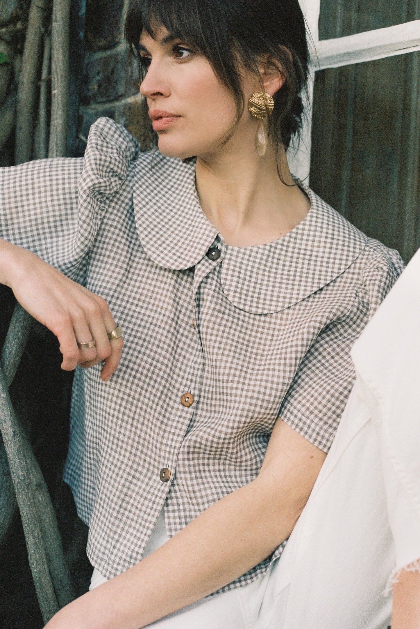 Frances Linen Cropped Blouse - Fawn Gingham