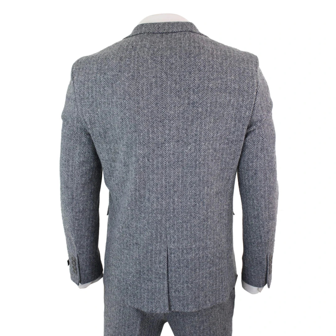 Men's Light Grey Herringbone Wool Tweed 3 Piece Suit