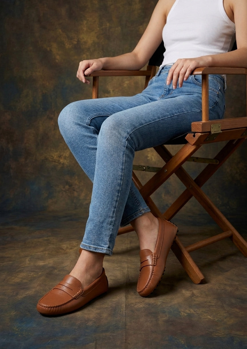 Hugs & Co. Women's Tan Leather Penny Driving Loafers
