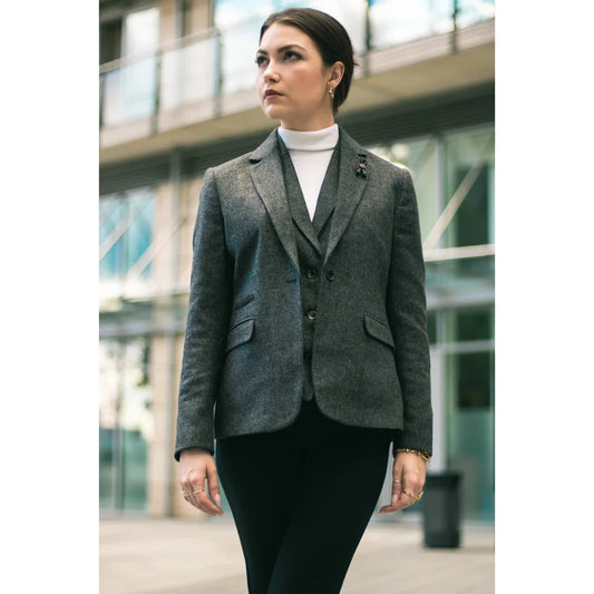Women's Grey Herringbone Tweed Blazer, Waistcoat & Trousers Suit