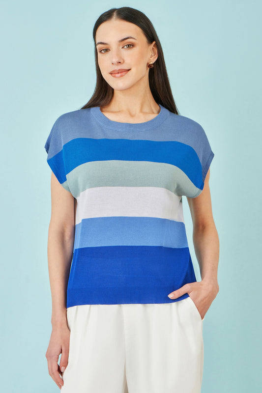 Blue Block Stripe Relaxed Knitted Top - Bascora