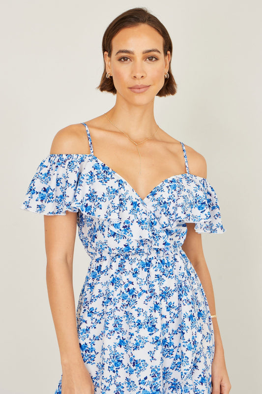Blue Floral Print Bardot Midi Dress With Dip Hem - Bascora