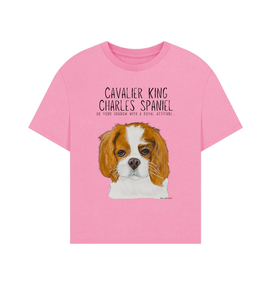 Pink t-shirt with Cavalier King Charles Spaniel illustration and text on a white background