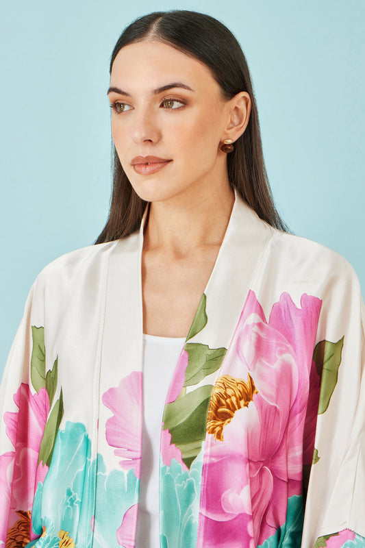 Ivory Floral Print Relaxed Kimono - Bascora