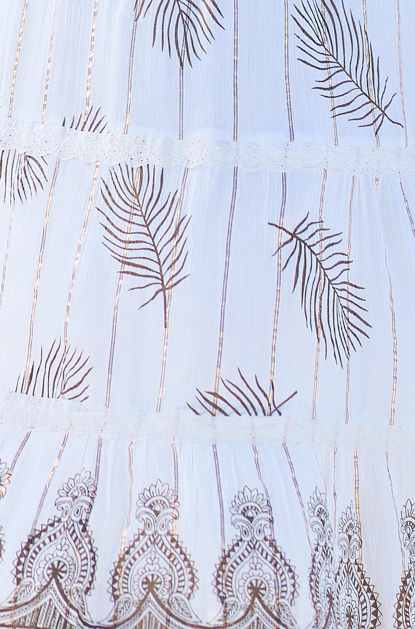 Ivory Foil Print Midi Sun Dress With Lace Trims - Bascora