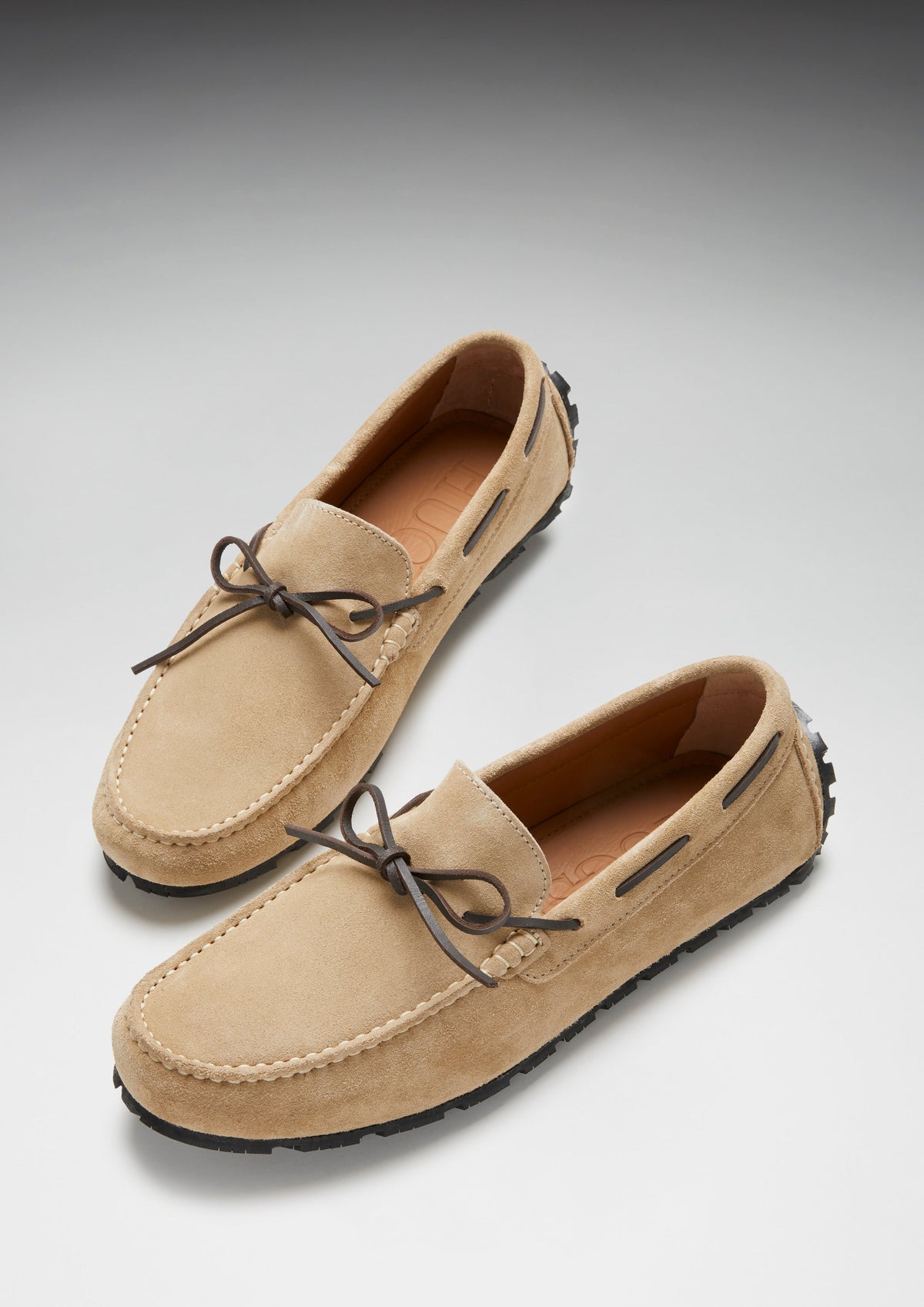 Hugs & Co. TS1 Taupe Suede Laced Driving Loafers with Upcycled Tyre Sole