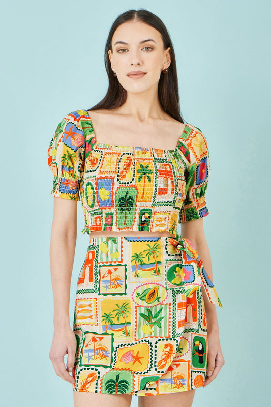 Multicolour Cropped Shirred Cotton Postcard Print Top - Bascora