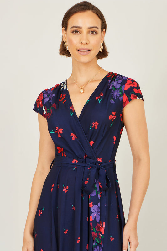Navy Floral Mirror Wrap Dress With Dip Hem - Bascora
