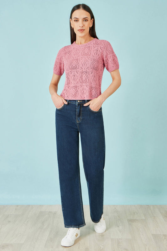 Pink Cotton Crochet Knitted Top - Bascora