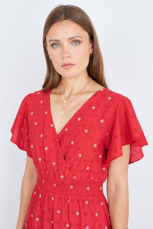 Red Broderie Anglaise Wrap Midi Dress With Flower Embroidery - Bascora