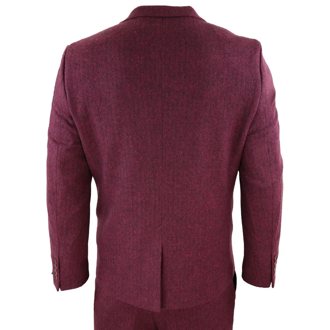 Traje de tres piezas clásico de lana de tweed para hombre, color burdeos y negro