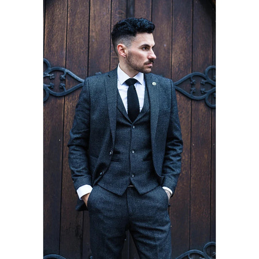 Men's Wool Tweed Charcoal Black Classic 3 Piece Suit