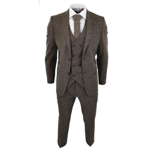 Men's Oak Wool Tweed Double Breasted Waistcoat 3 Piece Blinders 1920s Suit