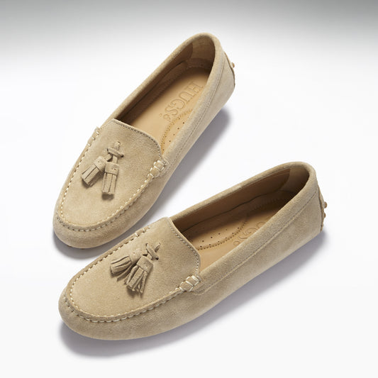 Hugs & Co. Women's Taupe Suede Tasselled Driving Loafers