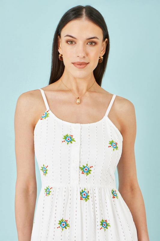 The Broderie – White Cotton Embroidered Midi Dress - Bascora