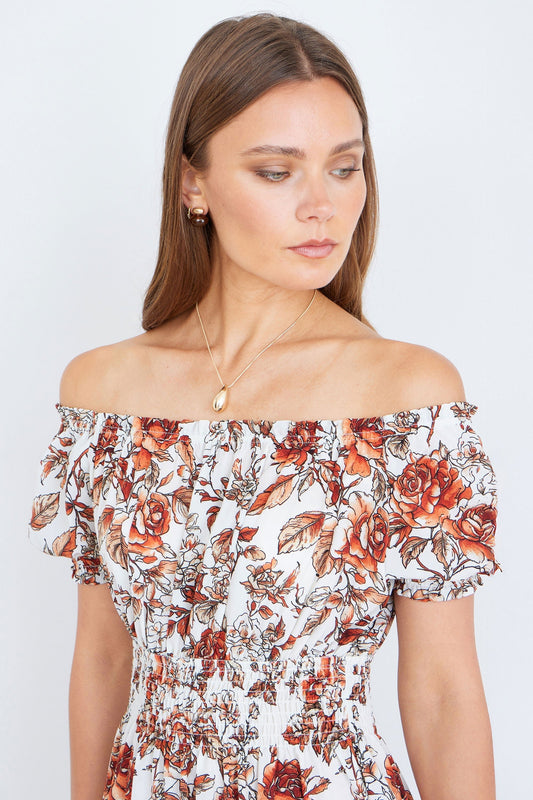 The Off-Shoulder – Orange Floral Midi Dress - Bascora