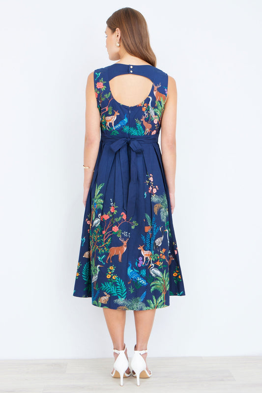 The Woodland – Navy Cotton Midi Skater Dress - Bascora