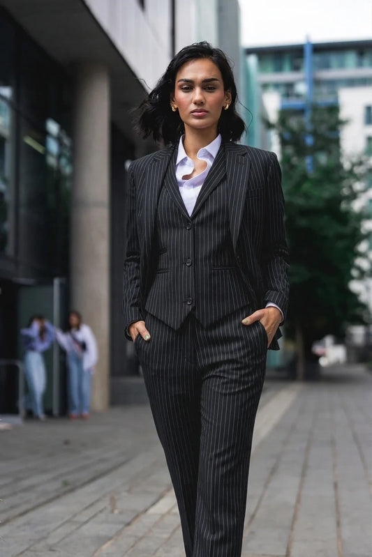 Women's 3 Piece Black Pinstripe Tailored Suit by TruClothing