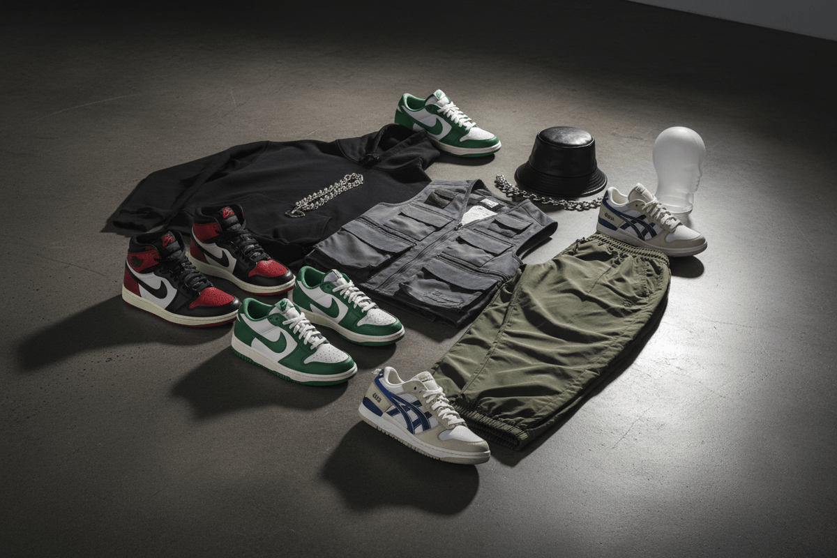 Streetwear apparel on a dark surface