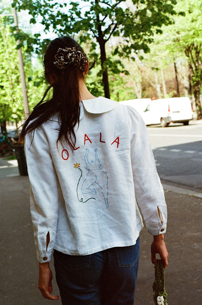 OLALA Embroidered Claudine Linen Blouse - White x Laetitia Rouget