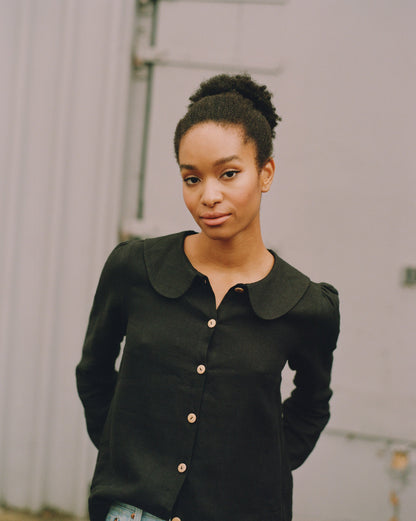 Má + Lin Claudine Long Sleeve Linen Blouse in Black