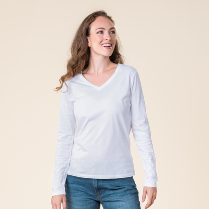 Camiseta de manga larga con cuello de pico de algodón orgánico para mujer