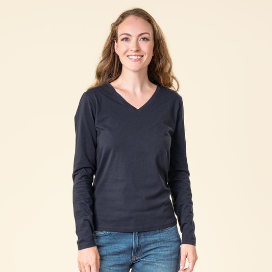 Camiseta de manga larga con cuello de pico de algodón orgánico para mujer