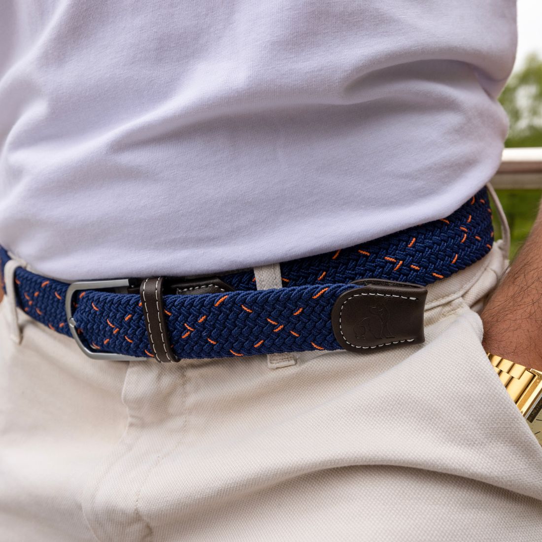 Swole Panda Recycled Woven Belt in Navy and Orange Dot