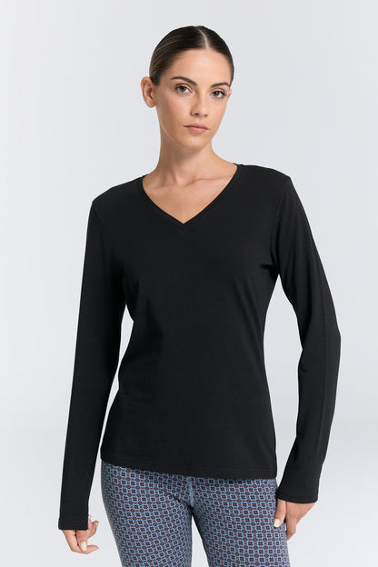 Camiseta de manga larga orgánica elástica con cuello de pico: para mujer