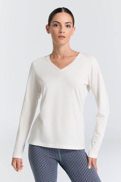 Camiseta de manga larga orgánica elástica con cuello de pico: para mujer