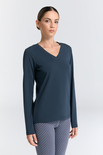 Camiseta de manga larga orgánica elástica con cuello de pico: para mujer