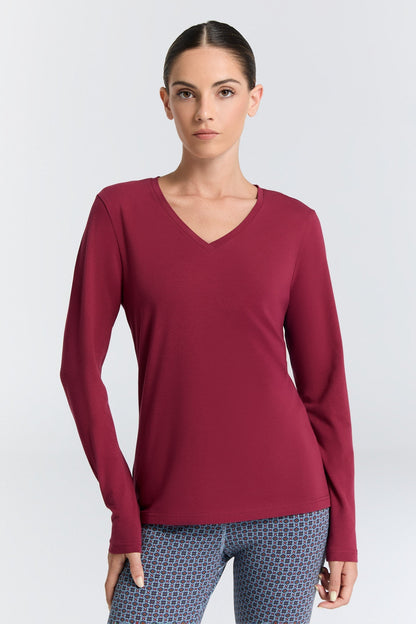 Camiseta de manga larga orgánica elástica con cuello de pico: para mujer