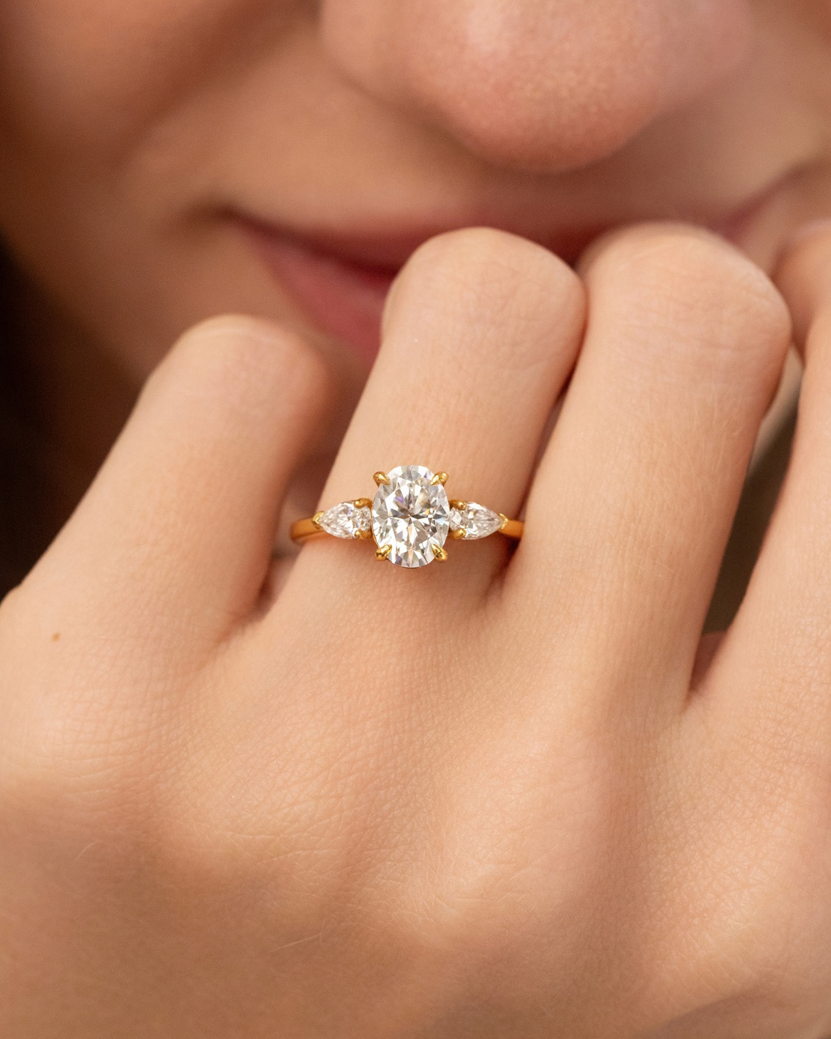 Vianne Jewellery 2ct Oval Moissanite Three Stone Engagement Ring in 18k Gold Vermeil
