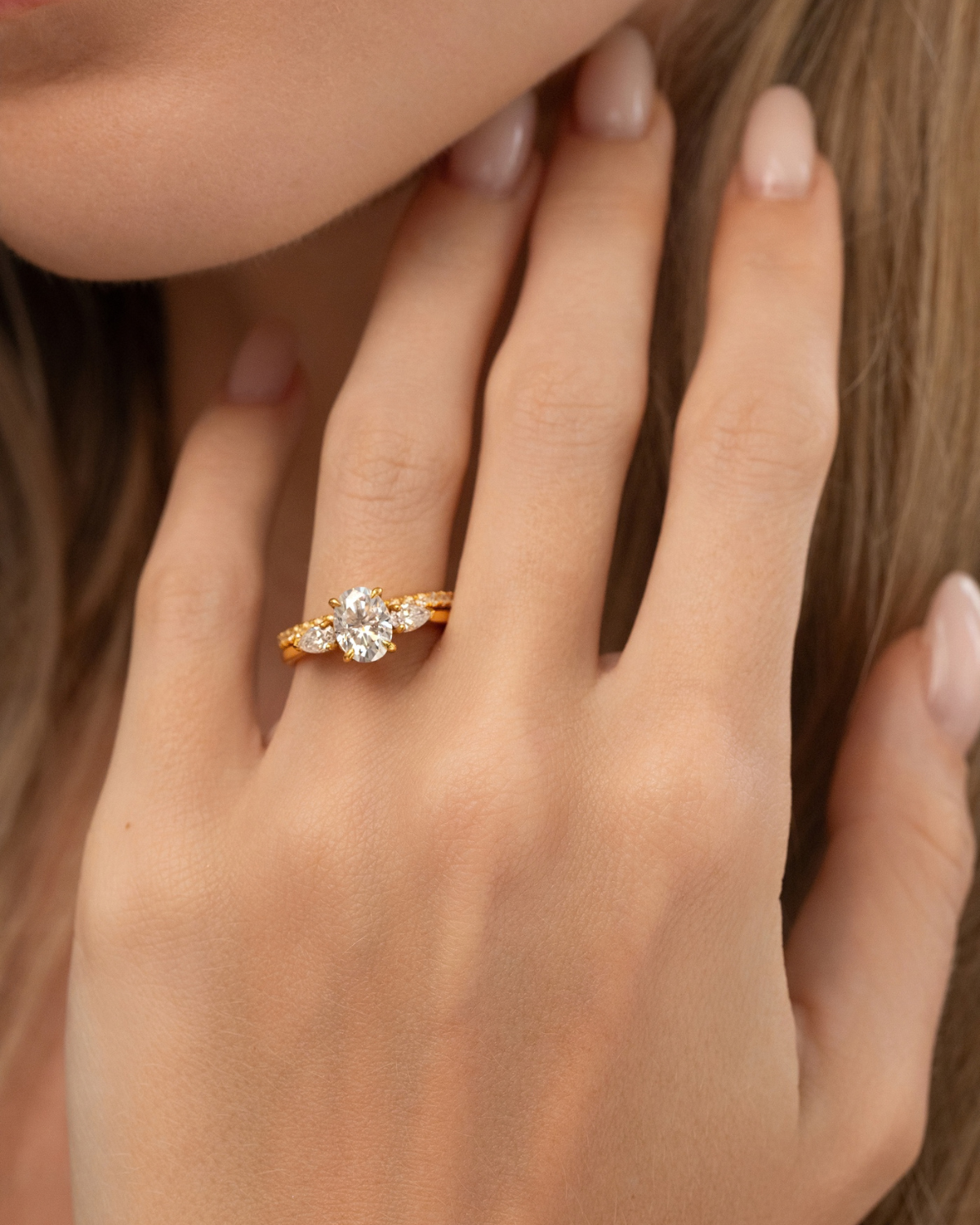 Vianne Jewellery 2ct Oval Moissanite Three Stone Engagement Ring in 18k Gold Vermeil