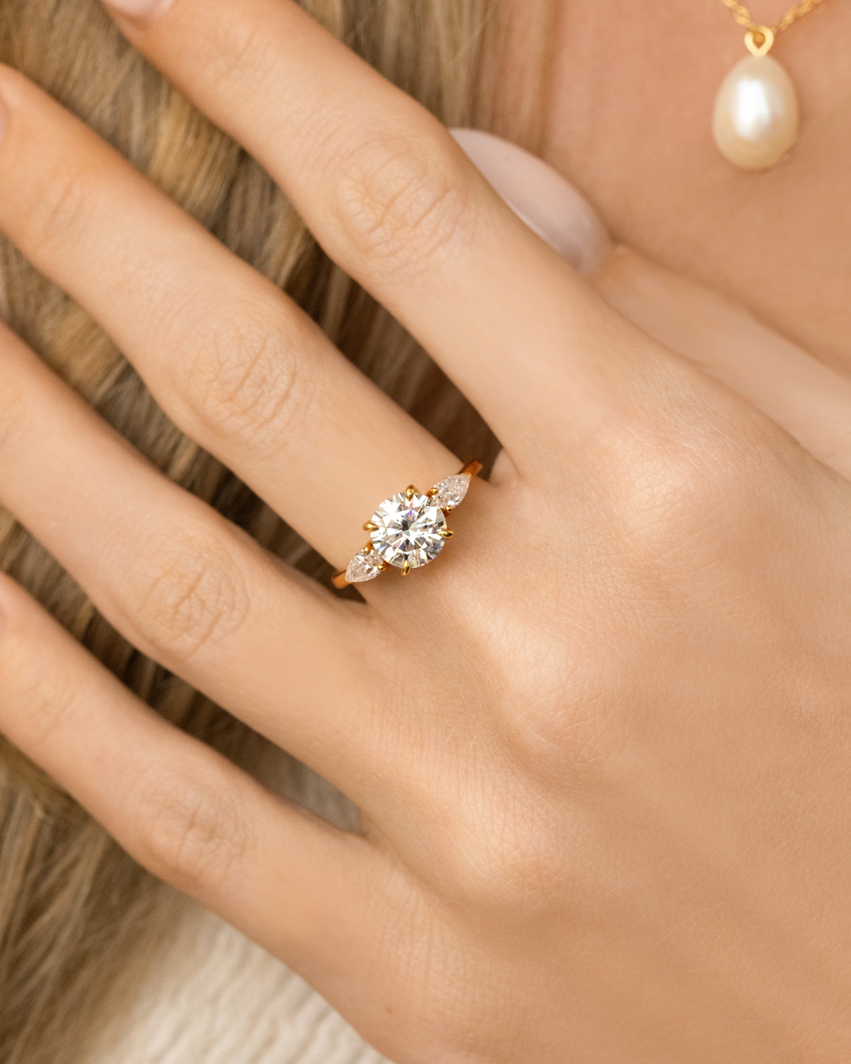 Vianne Jewellery 2ct Round Moissanite Three Stone Engagement Ring in 18k Gold Vermeil