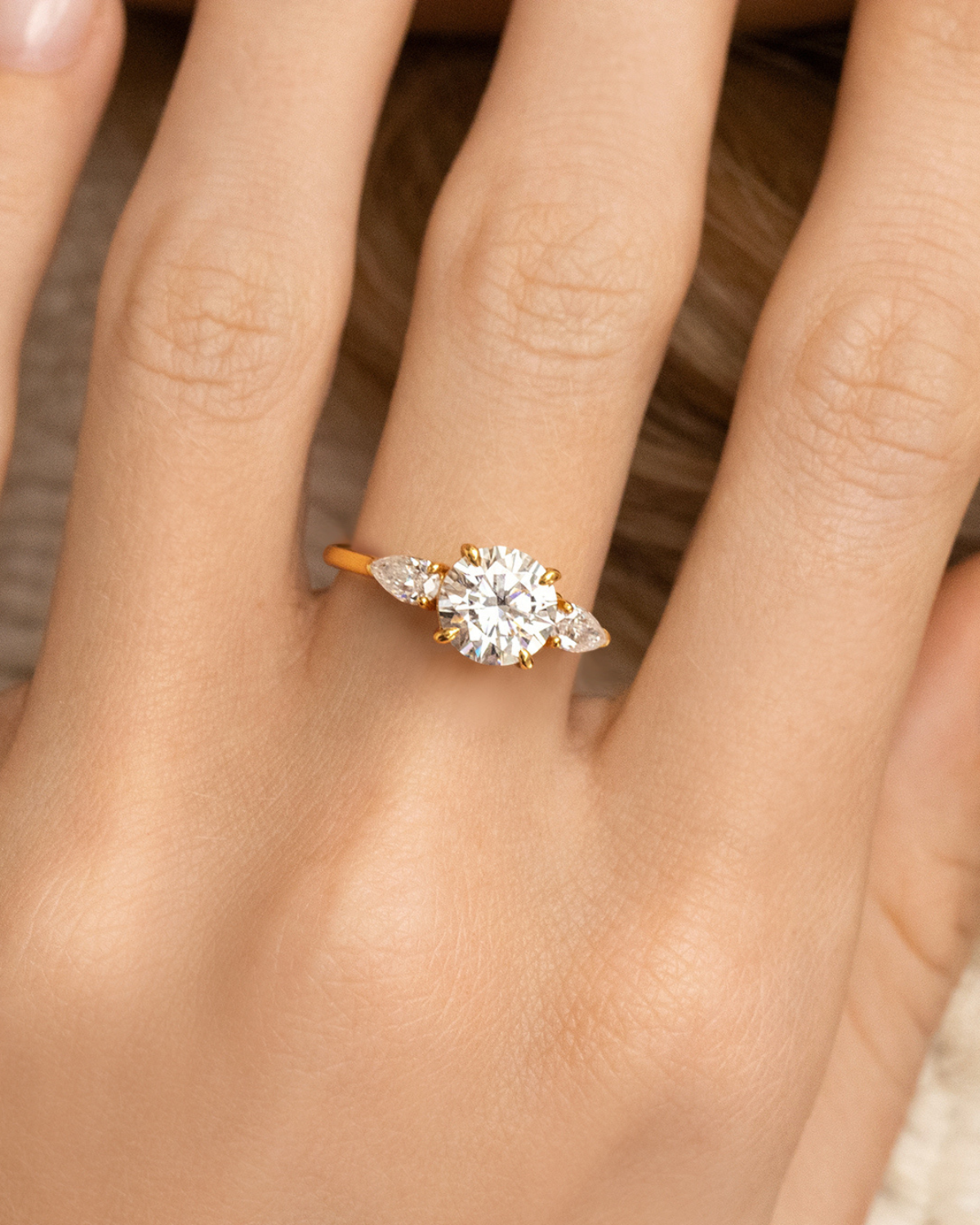 Vianne Jewellery 2ct Round Moissanite Three Stone Engagement Ring in 18k Gold Vermeil