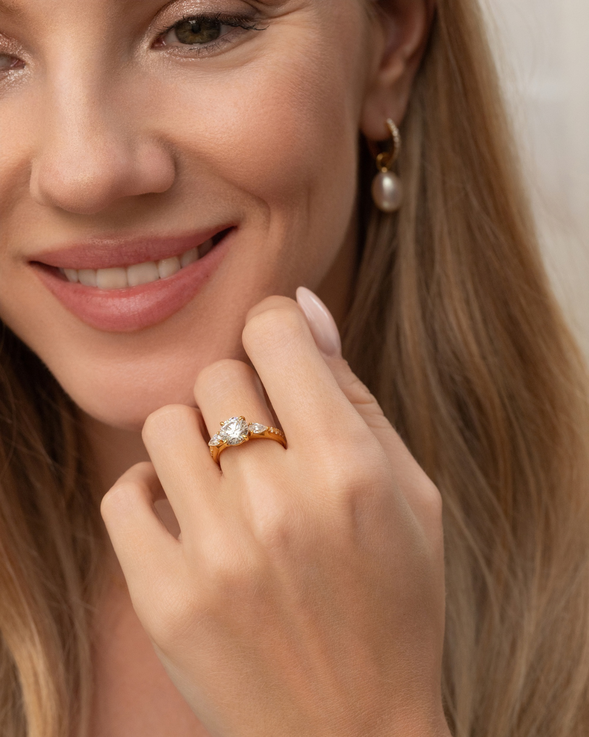 Vianne Jewellery 2ct Round Moissanite Three Stone Engagement Ring in 18k Gold Vermeil