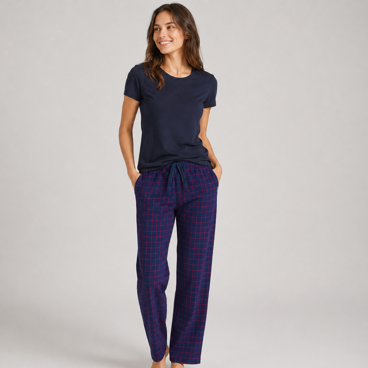 Loungers Women's Organic Cotton Atlantic Puffin Checked Trousers
