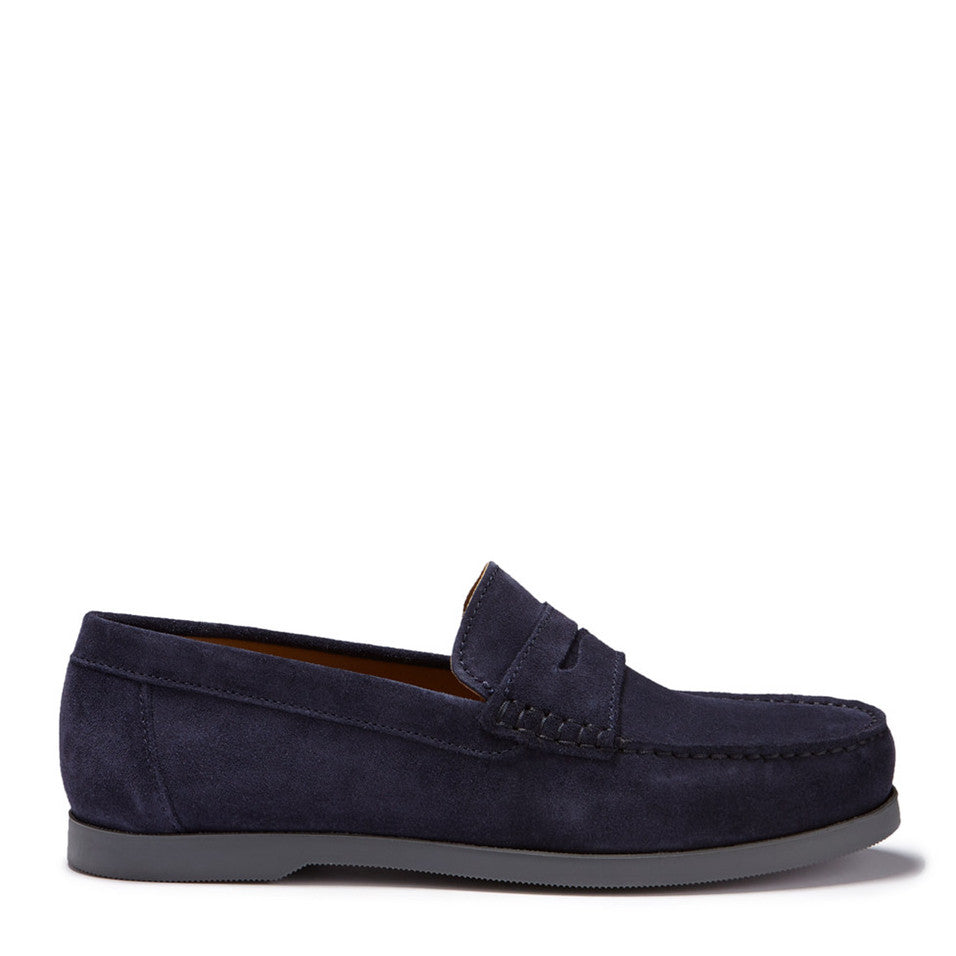 Hugs & Co. Navy Blue Italian Suede Boat Loafers with Rubber Sole for Men