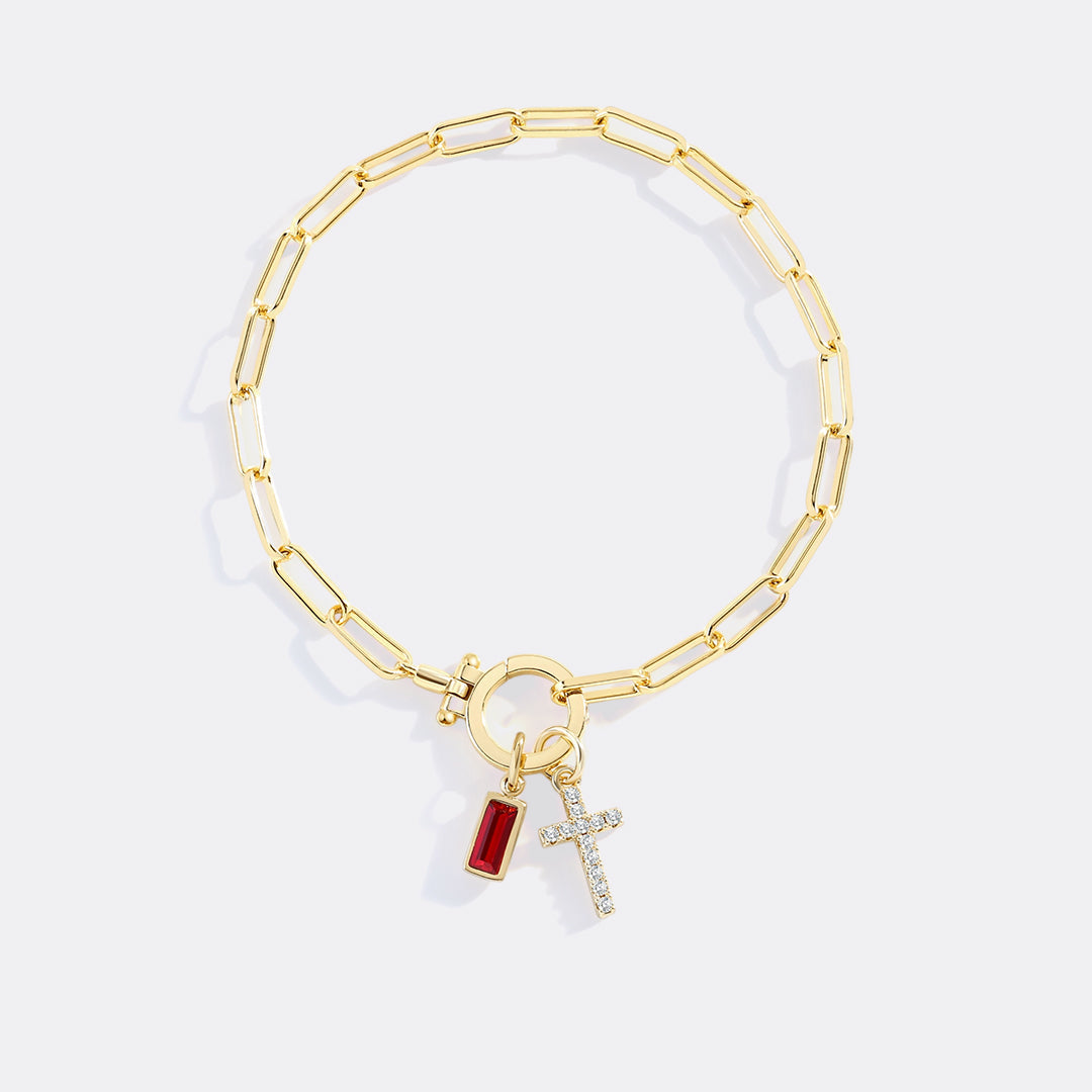 Savaé Design Cross Charm Birthstone Paperclip Bracelet