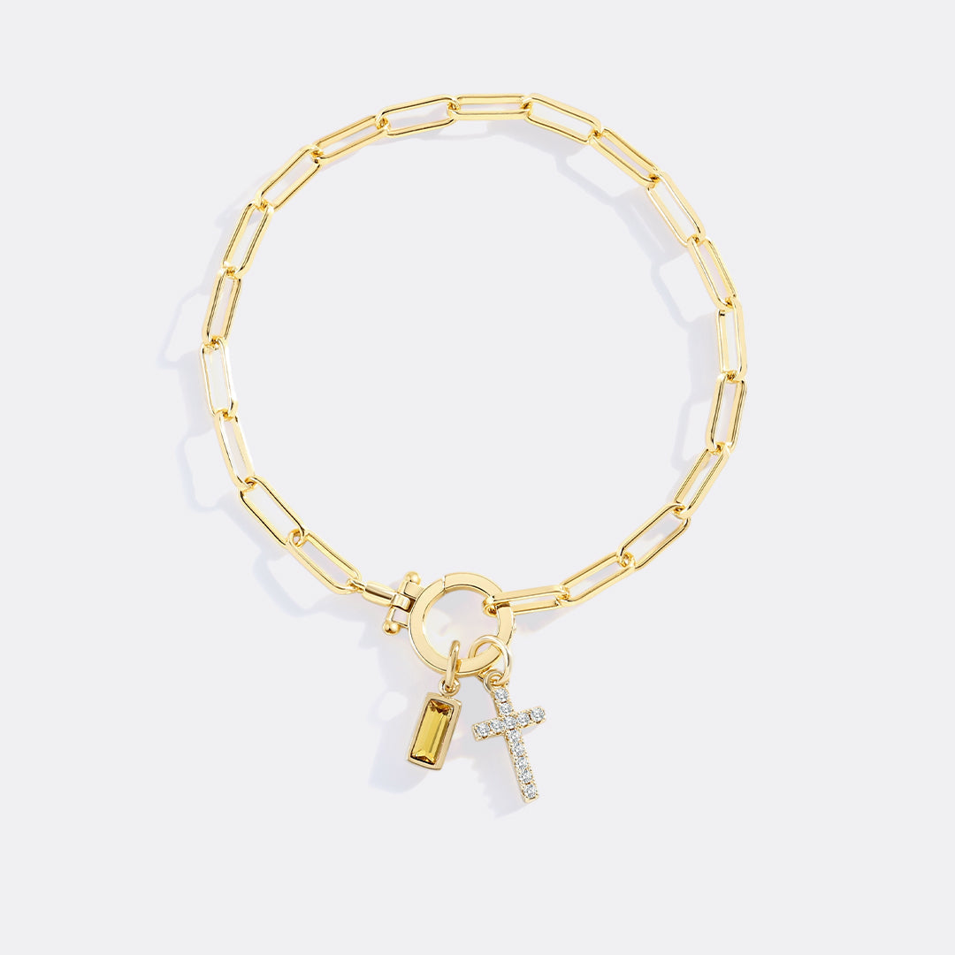 Savaé Design Cross Charm Birthstone Paperclip Bracelet
