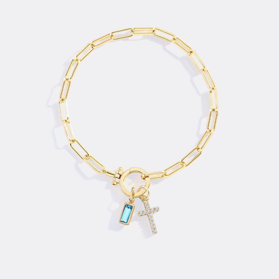 Savaé Design Cross Charm Birthstone Paperclip Bracelet