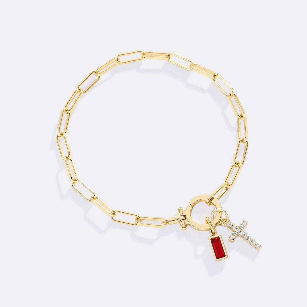 Savaé Design Cross Charm Birthstone Paperclip Bracelet