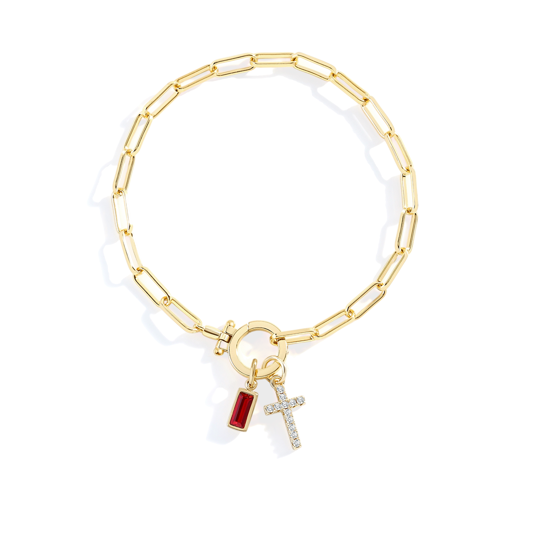 Savaé Design Cross Charm Birthstone Paperclip Bracelet