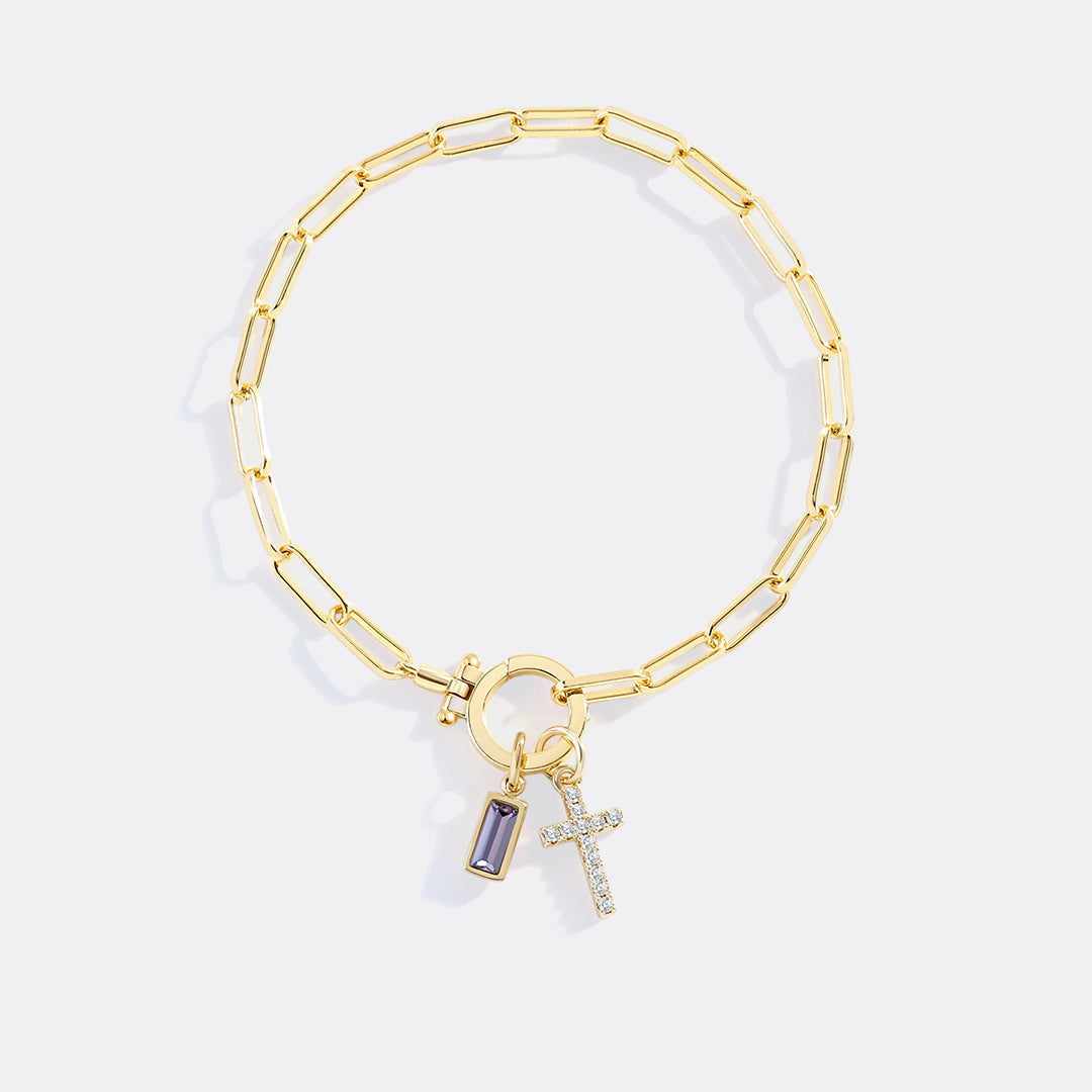 Savaé Design Cross Charm Birthstone Paperclip Bracelet
