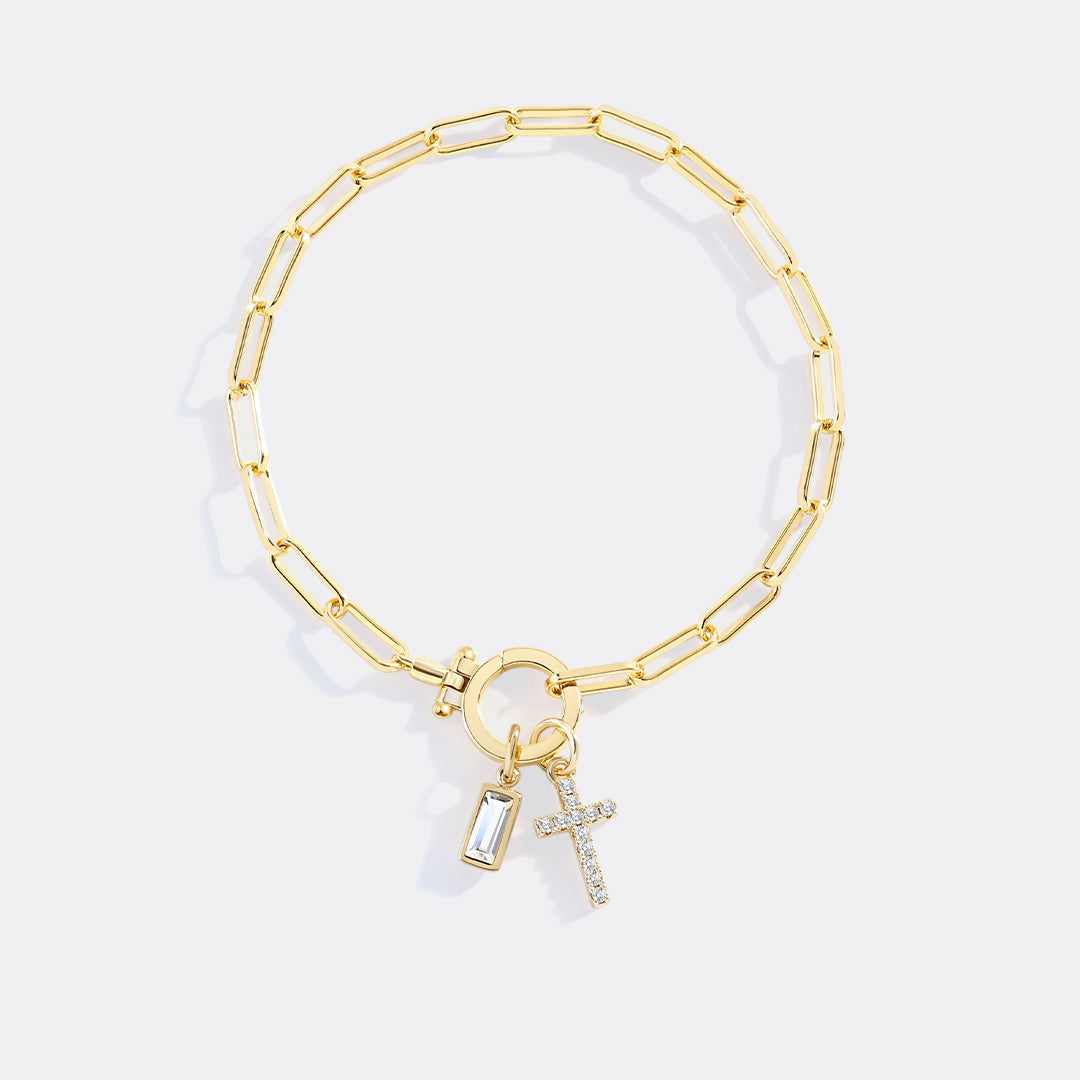 Savaé Design Cross Charm Birthstone Paperclip Bracelet