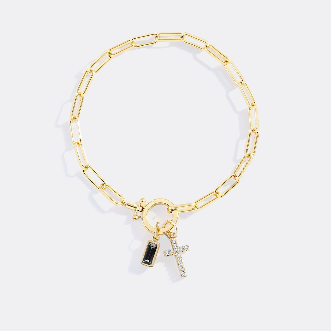 Savaé Design Cross Charm Birthstone Paperclip Bracelet