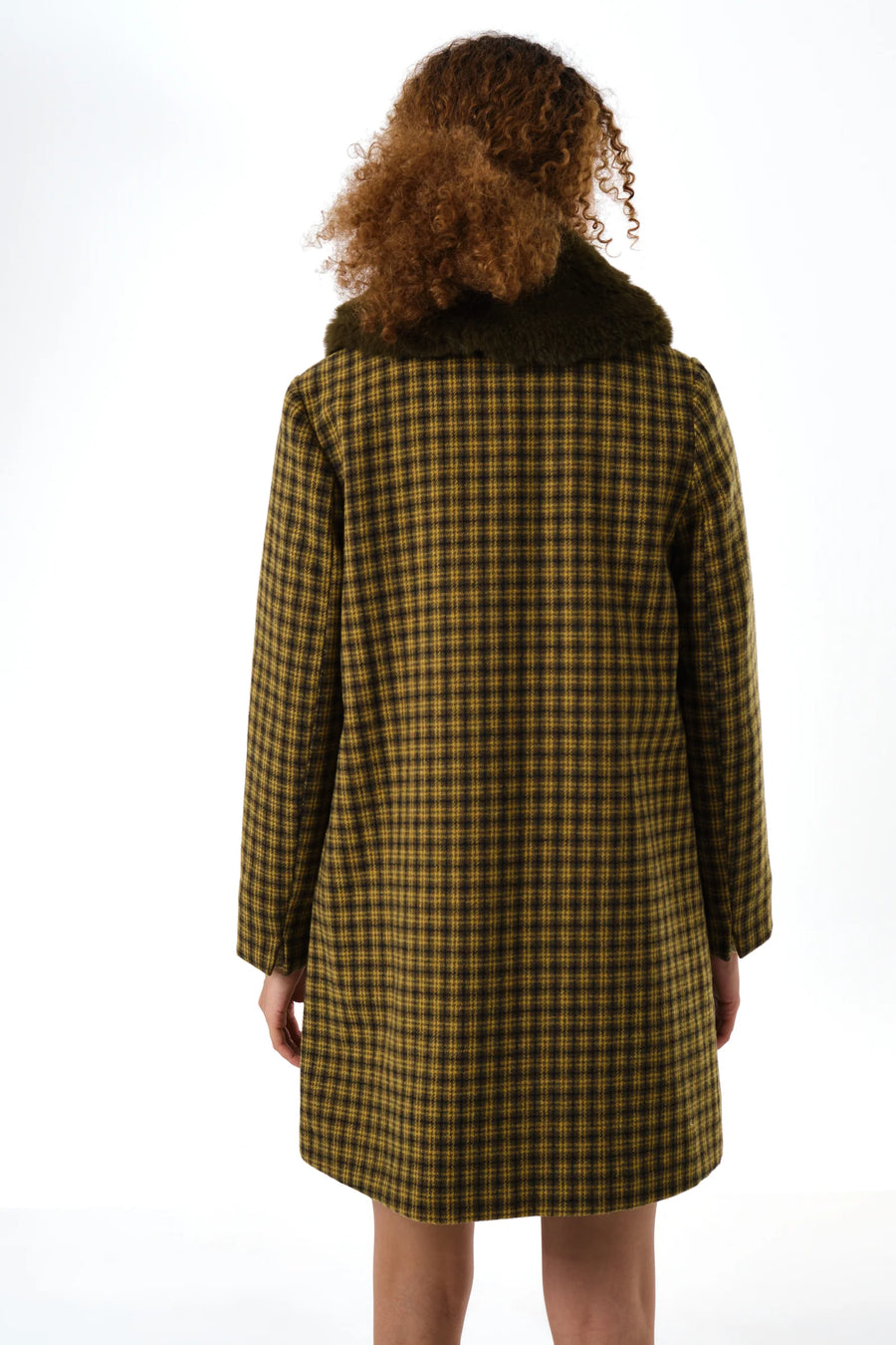 Dryden Wyoming Check Faux Fur Collar Coat - Mustard