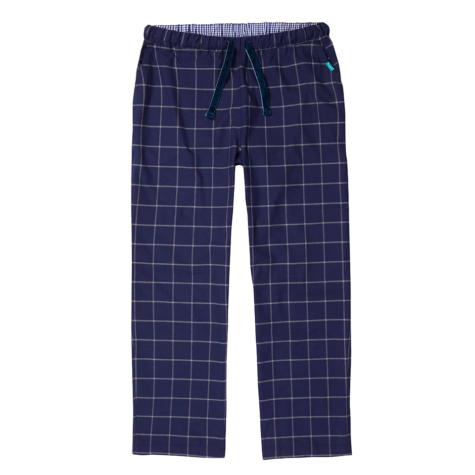 Navy plaid pants with a drawstring on a white background