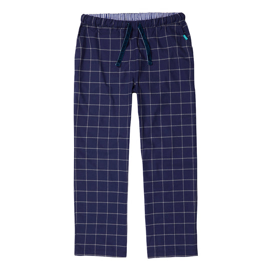 Navy plaid pants with a drawstring on a white background